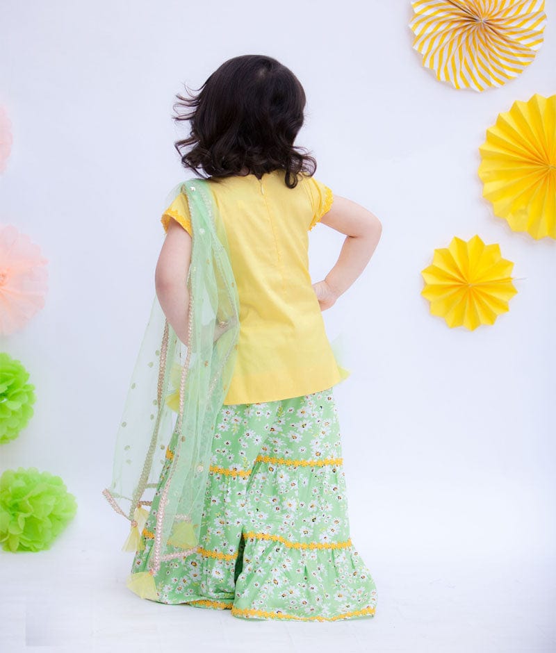 Yellow Cotton Silk Green Printed Sharara with Kurti Boti Net Dupatta for Girls