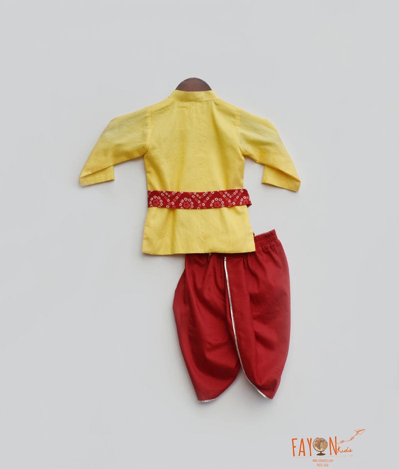 Yellow Cotton Silk Kurta with Red Dhoti for Boys