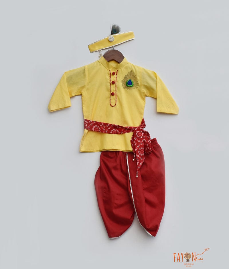 Yellow Cotton Silk Kurta with Red Dhoti for Boys