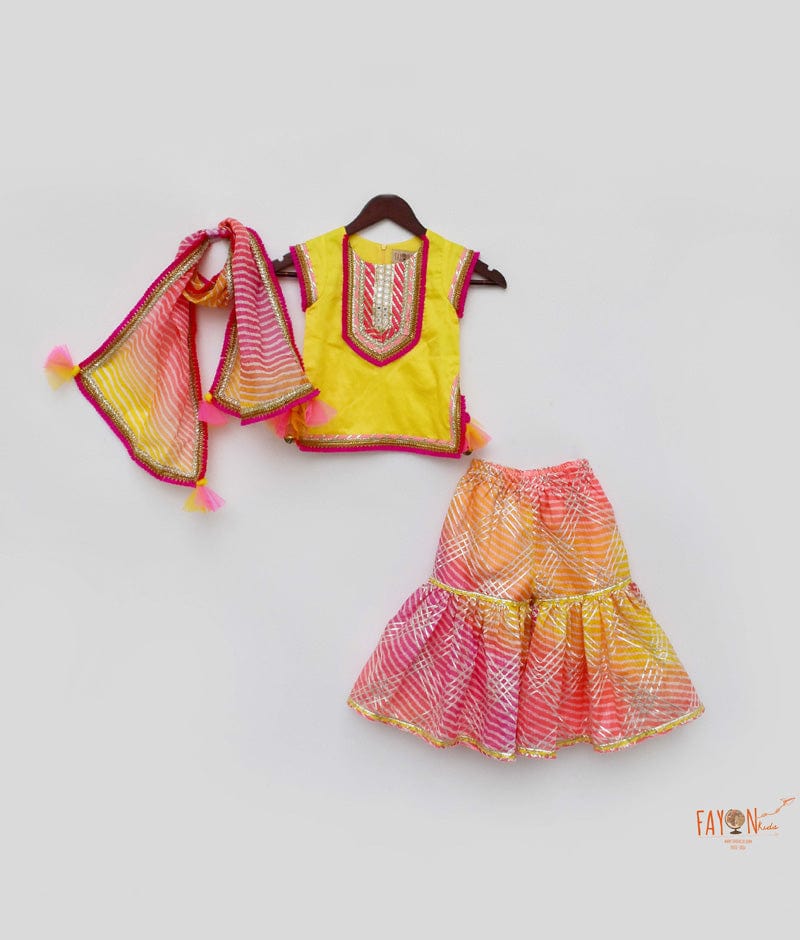 Yellow Cotton Silk Pink Kotta Print Sharara with Kurti Printed Kotta Dupatta for Girls