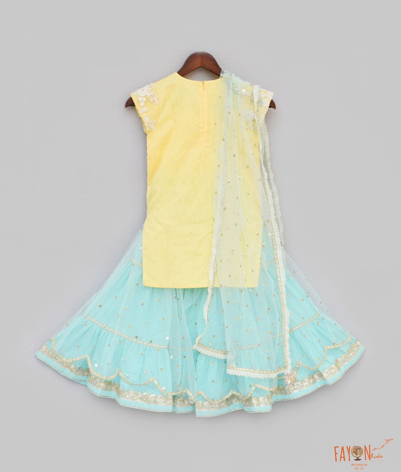 Yellow Embroidery Acqua Boti Net Sharara with Kurti Boti Net Dupatta for Girls
