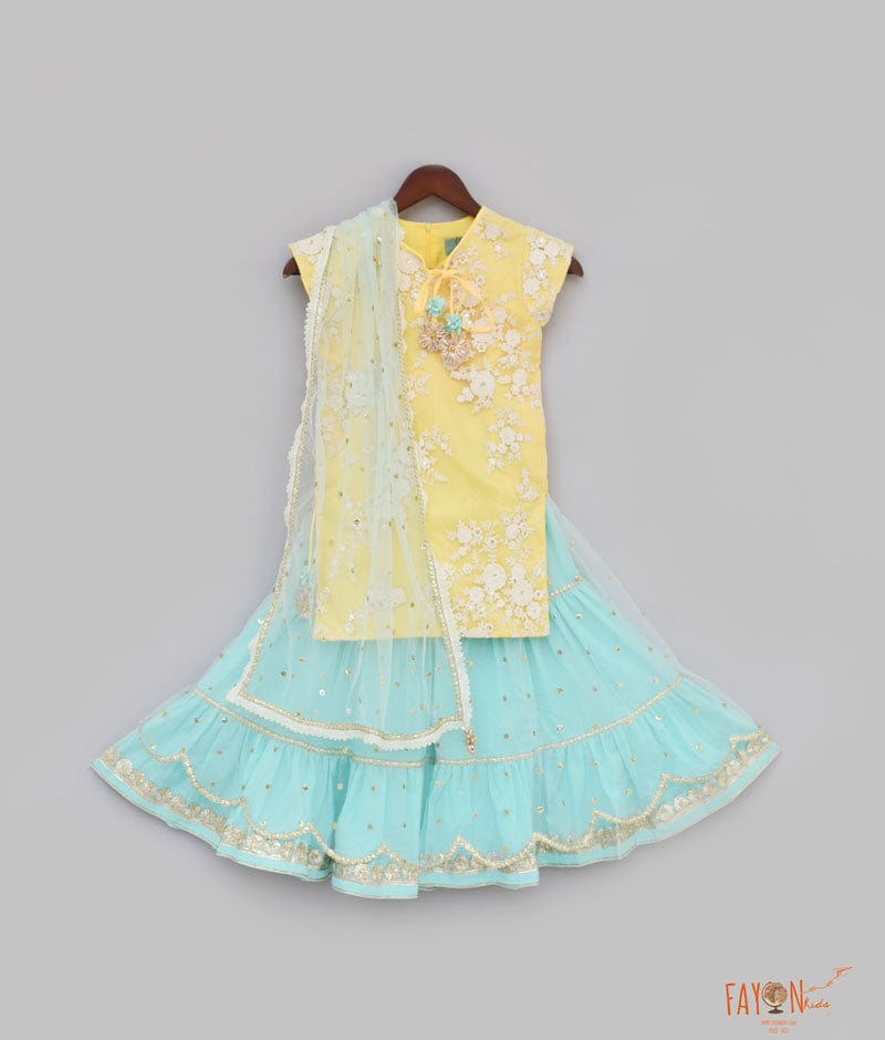 Yellow Embroidery Acqua Boti Net Sharara with Kurti Boti Net Dupatta for Girls