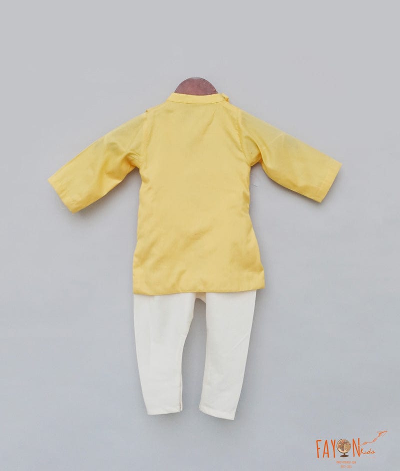 Yellow Embroidery Cowl Kurta with Off White Chudidar for Boys