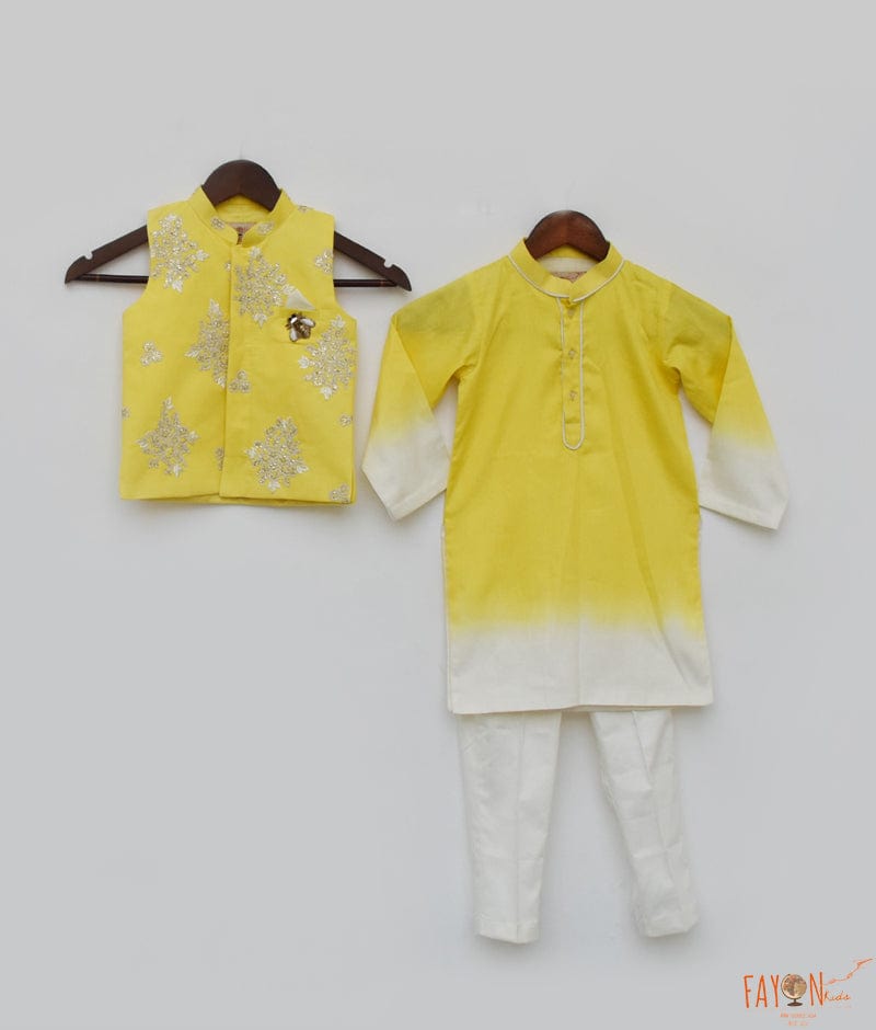 Yellow Embroidery Jacket and Shaded Kurta and Pant for Boys