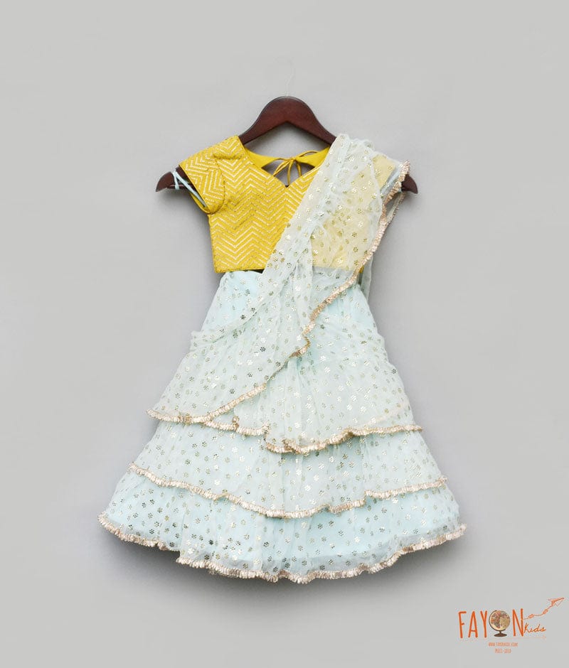 Yellow Embroidery Light Blue Chiffon Saree for Girls