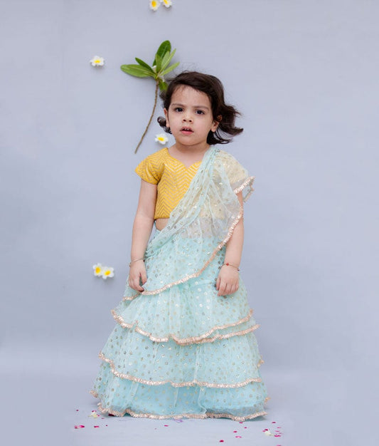 Yellow Embroidery Light Blue Chiffon Saree for Girls