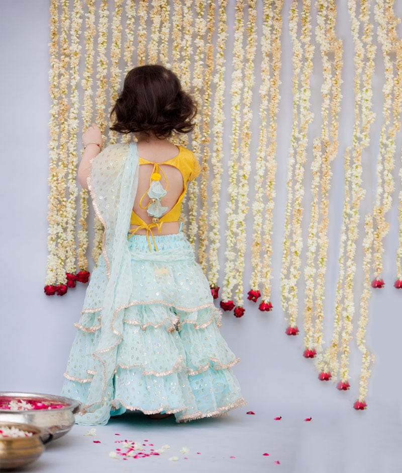 Yellow Embroidery Light Blue Chiffon Saree for Girls