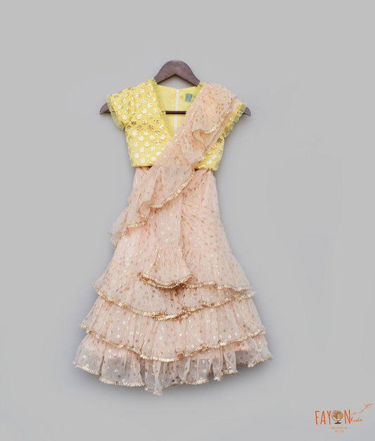 Yellow Embroidery Peach Chiffon Saree for Girls