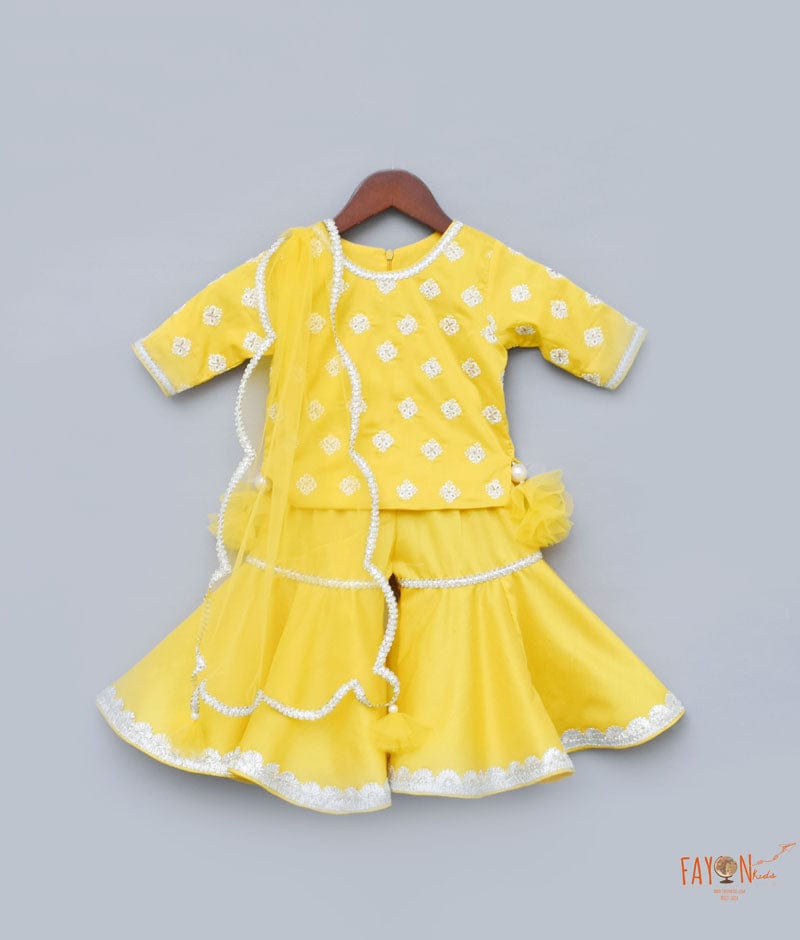 Yellow Embroidery Sharara with Kurti Net Dupatta for Girls