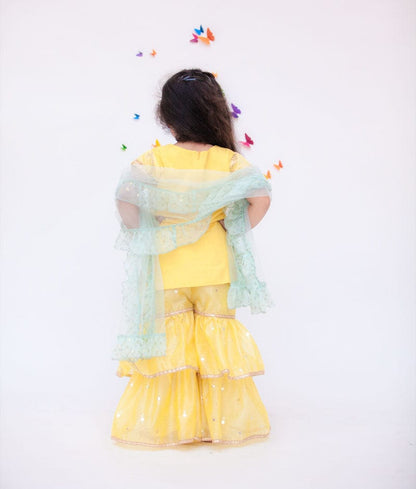 Fayon Kids Yellow Embroidery Yellow Foil Printed Sharara with Kurti Aqua Frill Dupatta for Girls