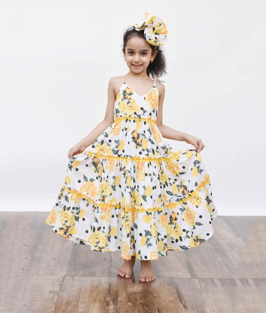 Yellow Floral Printed Dress for Girls