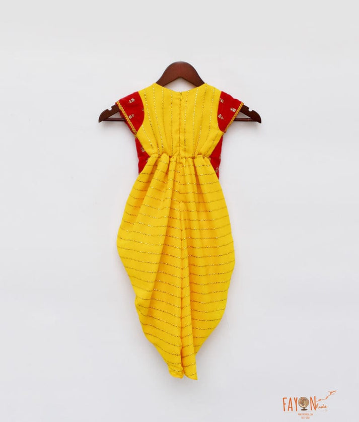 Yellow Foil Georgette Red Velvet Dhoti Set for Girls
