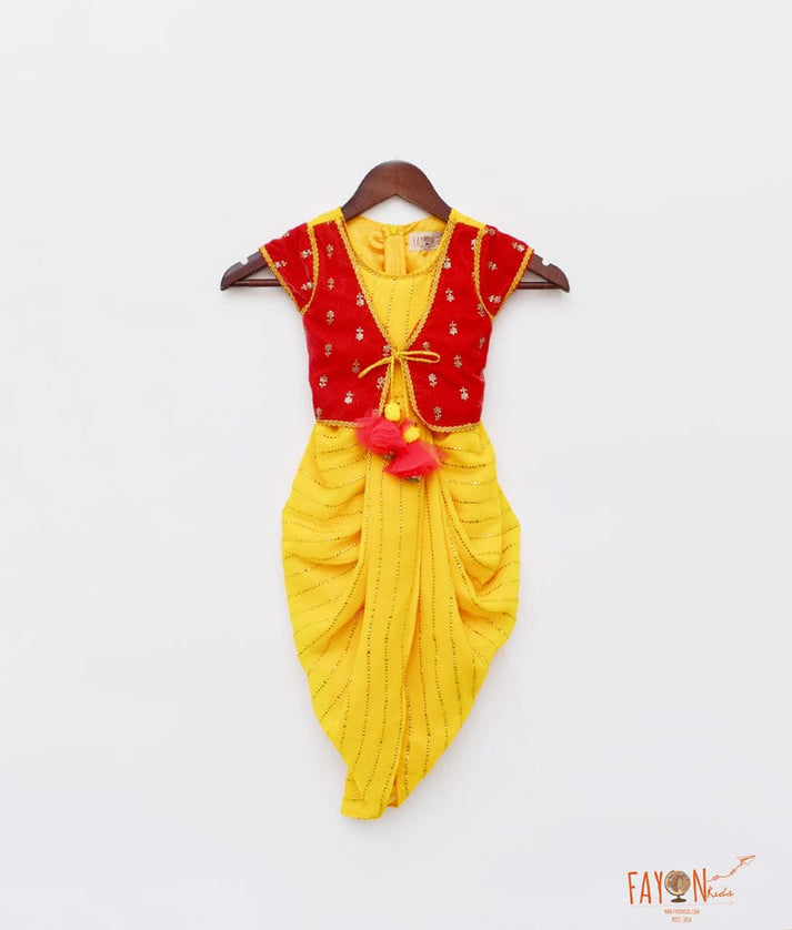 Yellow Foil Georgette Red Velvet Dhoti Set for Girls