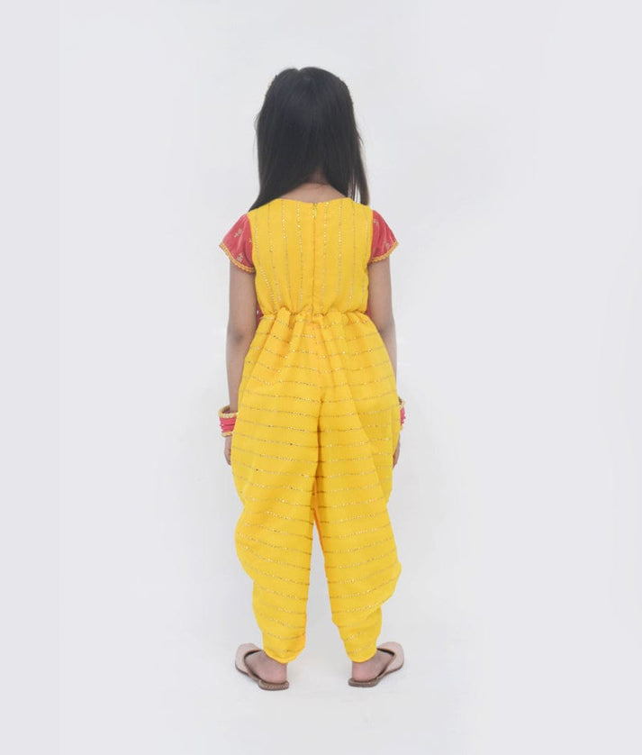 Yellow Foil Georgette Red Velvet Dhoti Set for Girls