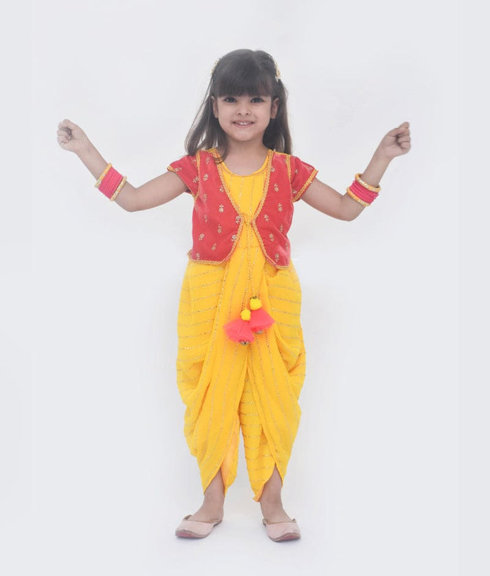 Yellow Foil Georgette Red Velvet Dhoti Set for Girls