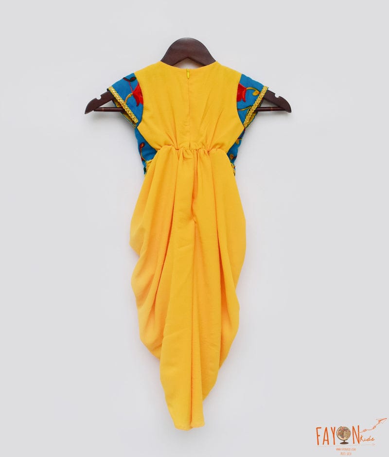Yellow Georgette Dhoti attached Blue Embroidery Jacket for Girls