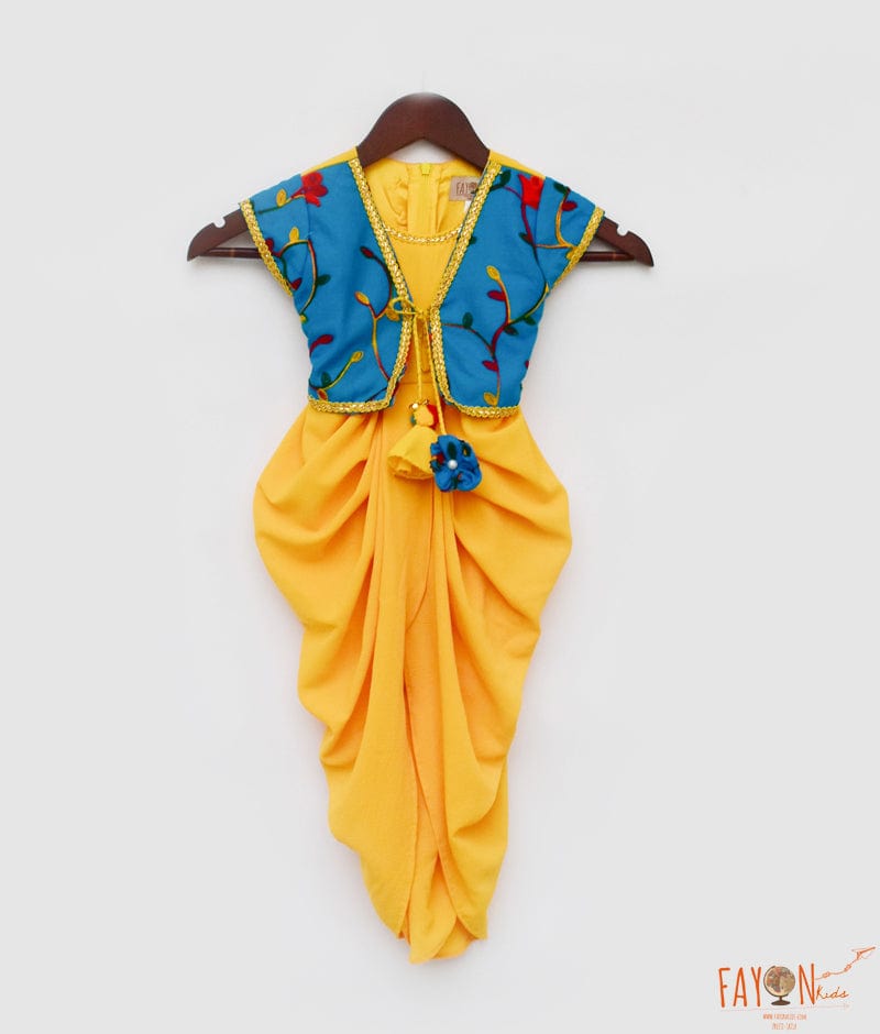 Yellow Georgette Dhoti attached Blue Embroidery Jacket for Girls
