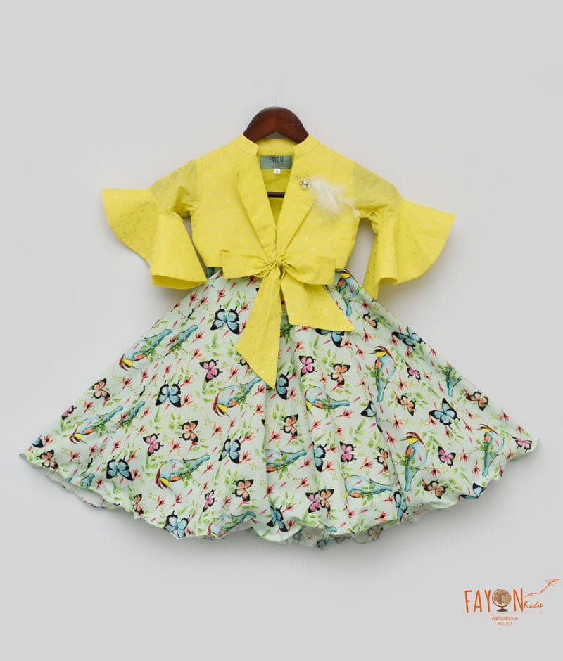 Yellow Green Printed Lehenga with Knotted Top for Girls