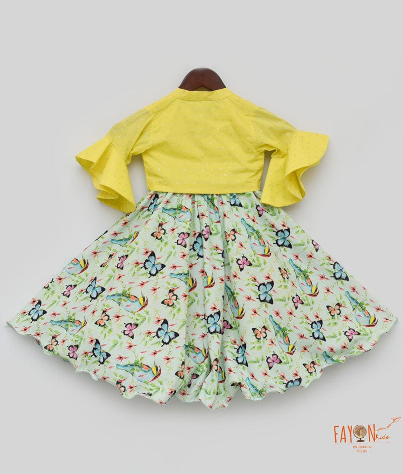 Yellow Green Printed Lehenga with Knotted Top for Girls