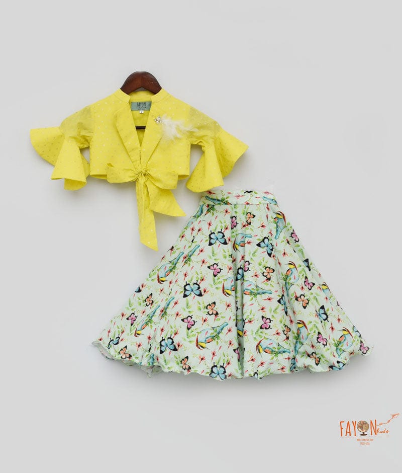 Yellow Green Printed Lehenga with Knotted Top for Girls