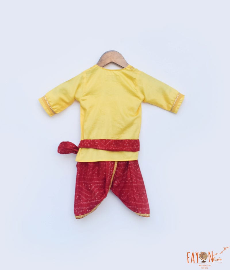 Yellow Kurta and Red Bandhej Dhoti for Boys