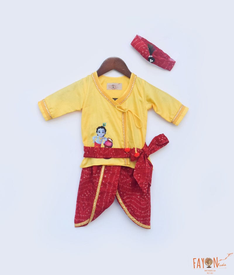 Yellow Kurta and Red Bandhej Dhoti for Boys