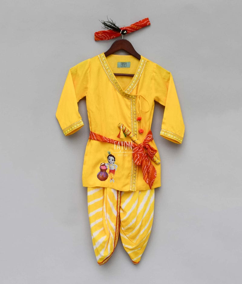 Peach Zig Zag Gota Kurta with Yellow Dhoti for Boys