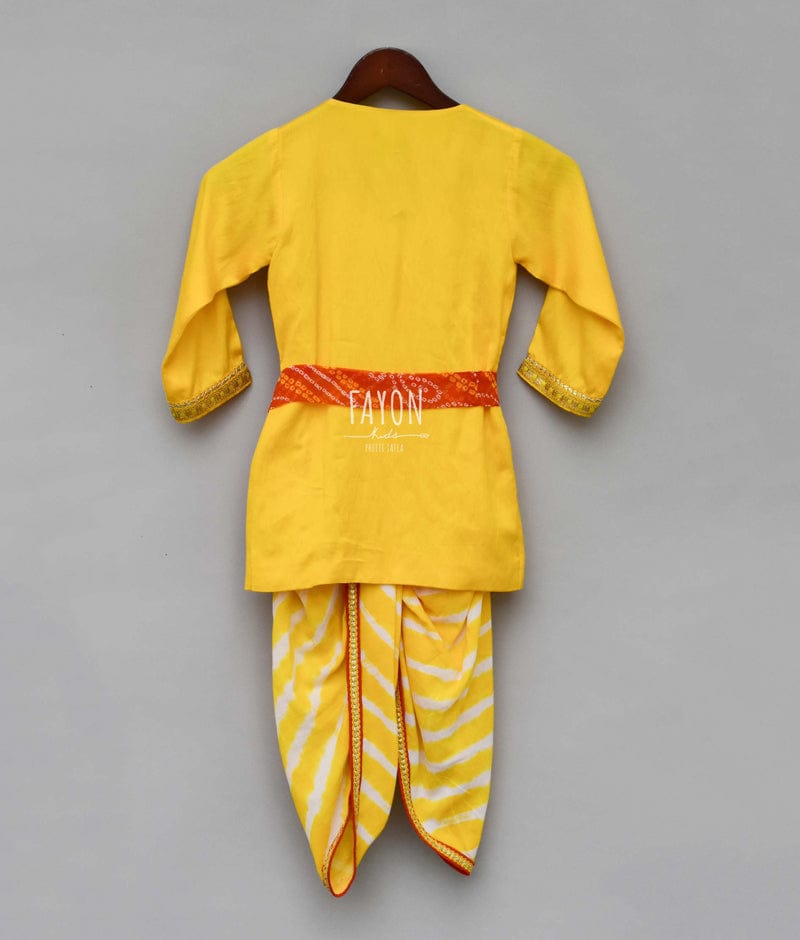 Peach Zig Zag Gota Kurta with Yellow Dhoti for Boys
