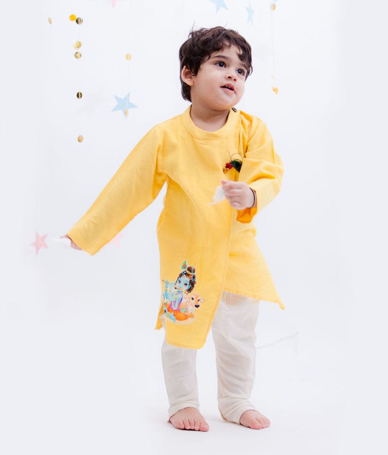 Yellow Kurta with Off White Chudidar for Boys