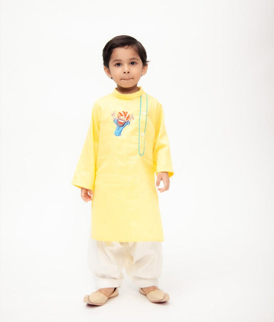 Fayon Kids Yellow Kurta with Off White Salwar for Boys