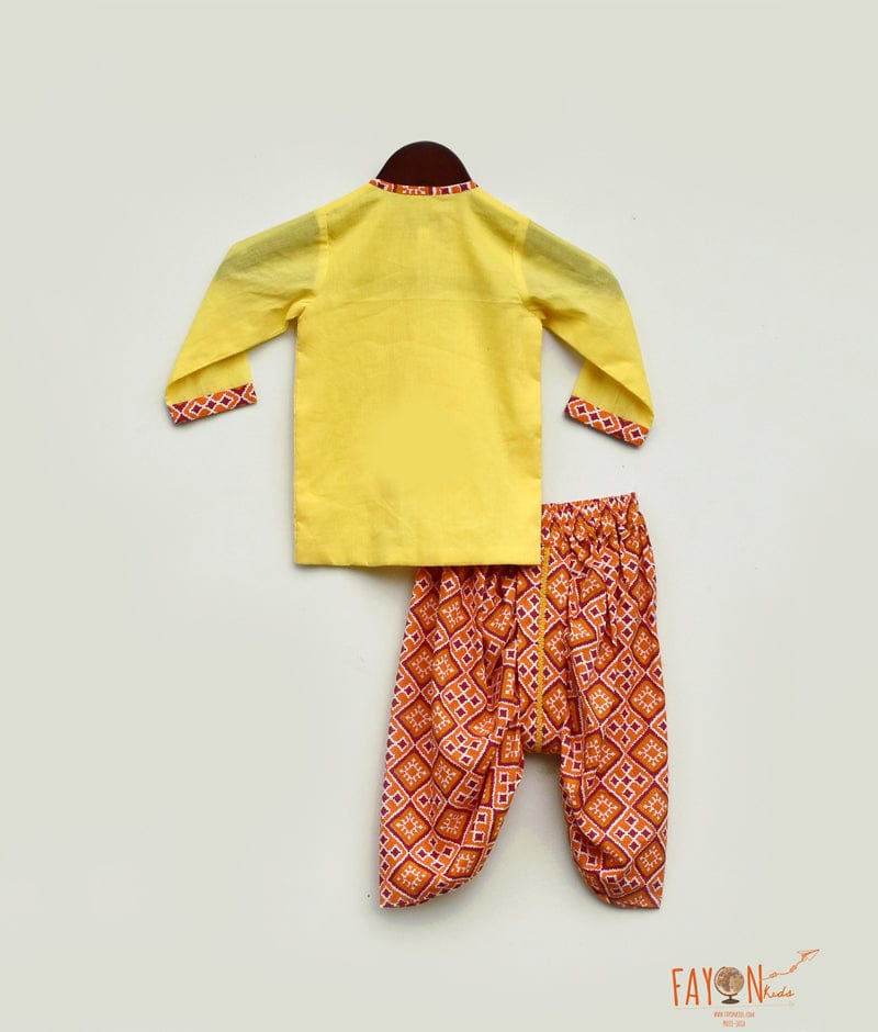 Yellow Kurta with Printed Dhoti for Boys