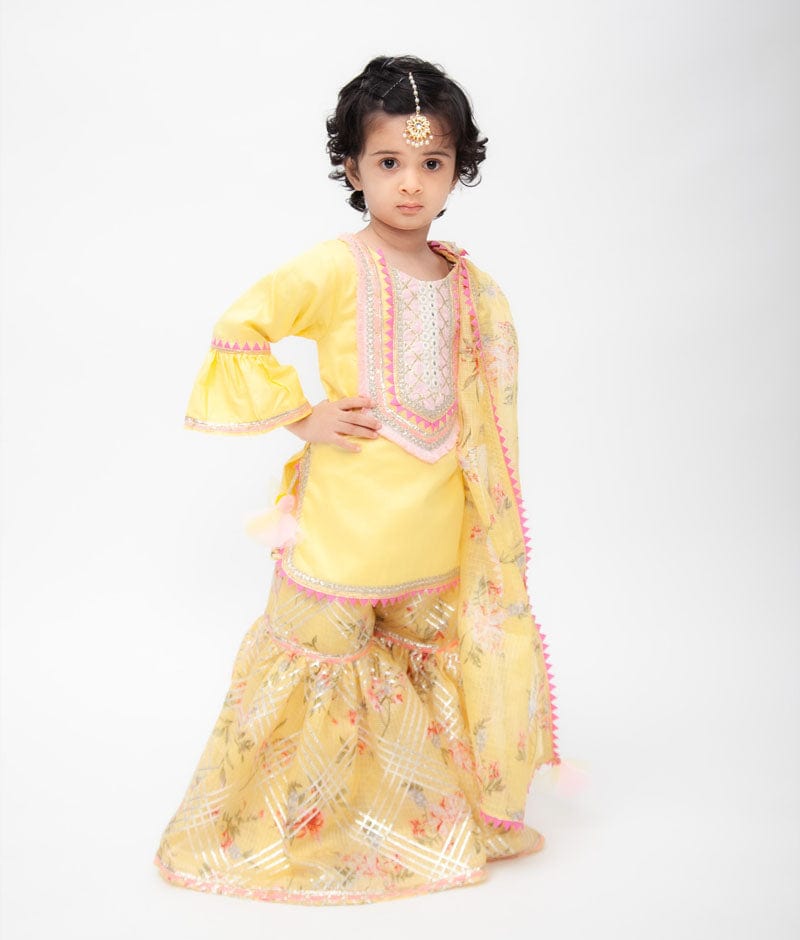 Yellow Kurti with Kotta Print Sharara and Printed Kotta Dupatta for Girls