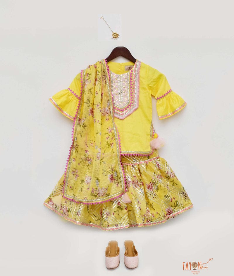 Yellow Kurti with Kotta Print Sharara and Printed Kotta Dupatta for Girls