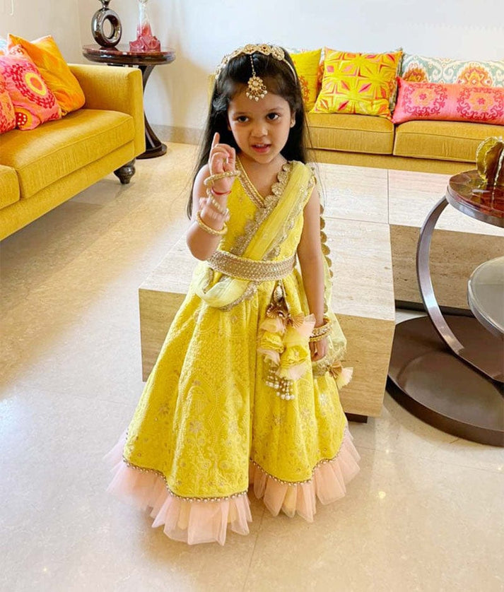 Yellow Lucknowi Anarkali for Girls