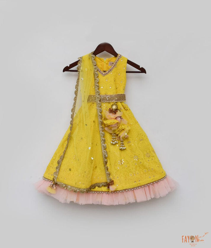 Yellow Lucknowi Anarkali with Boti Net Dupatta for Girls
