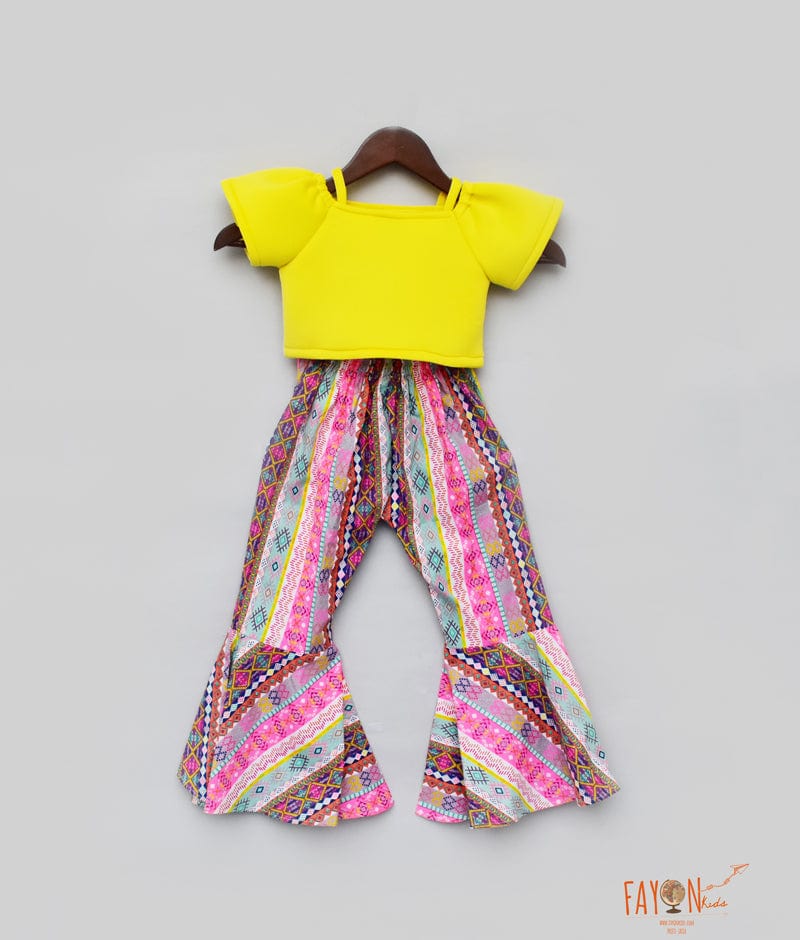 Yellow Lycra Crop Top with Printed Pant for Girls