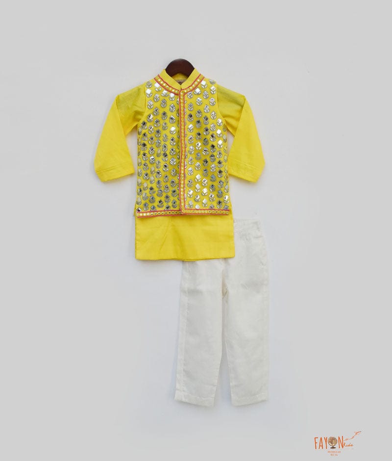 Yellow Mirror Work Jacket with Kurta Pant for Boys
