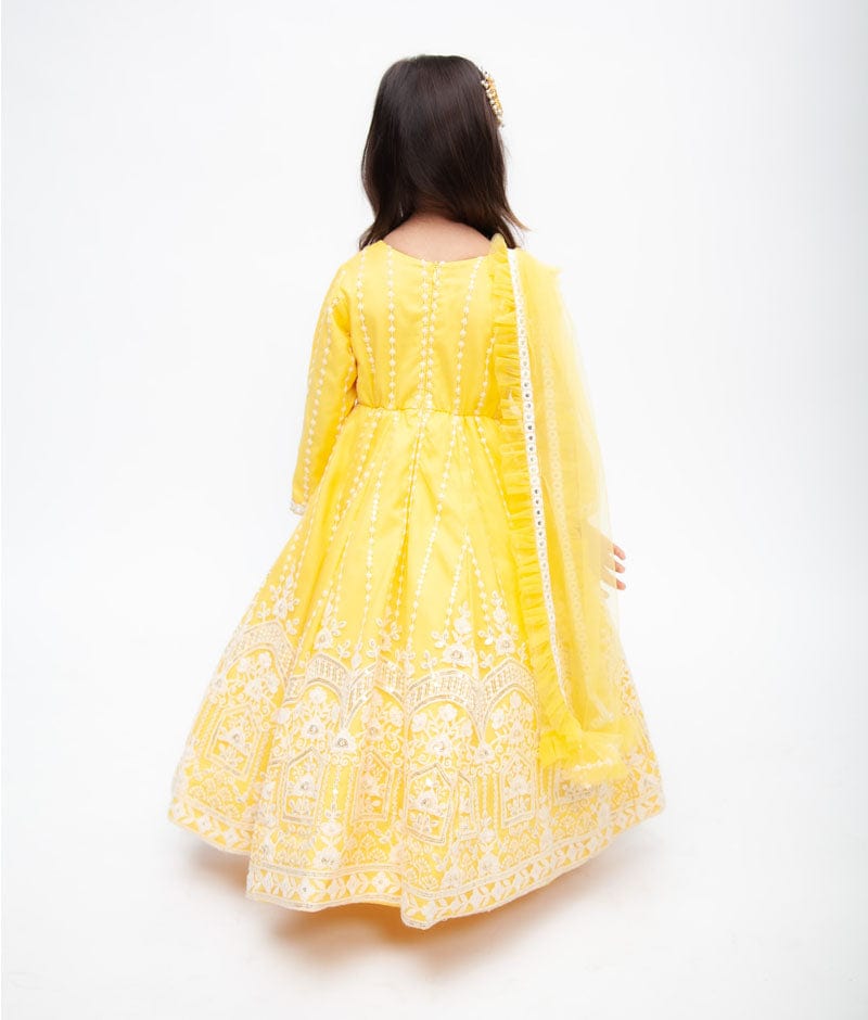 Yellow Net Embroidery Anarkali with Frill Dupatta for Girls