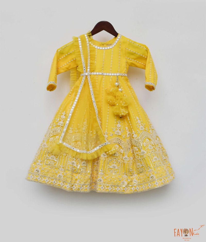 Yellow Net Embroidery Anarkali with Frill Dupatta for Girls