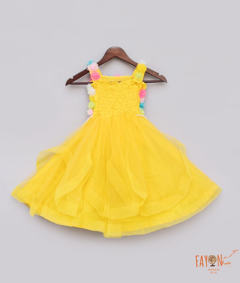 Yellow Net Gown with Multi Coloured Flowers for Girls