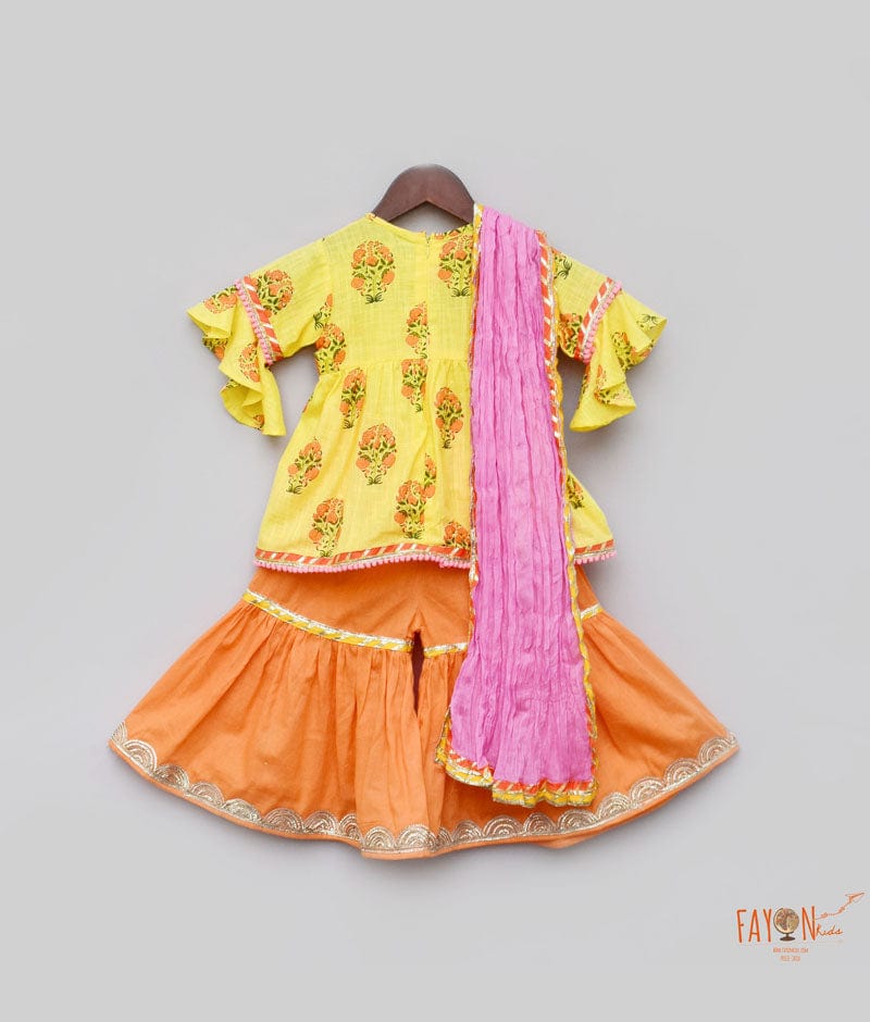 Yellow Orange Cotton Printed Sharara with Kurti Pink Cotton Crinkle Dupatta for Girls