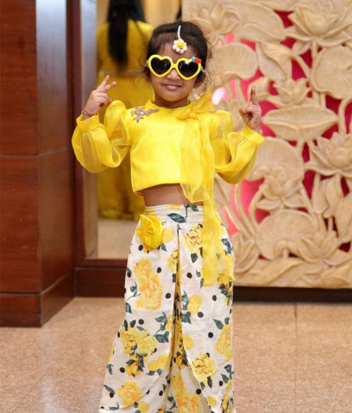 Yellow Organza Printed Plazo for Girls