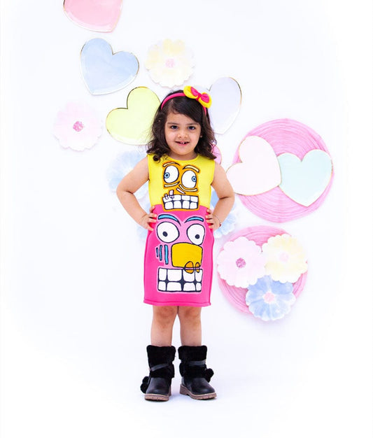 Yellow Pink Lycra Dress for Girls