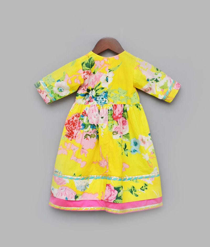 Yellow Printed Anarkali for Girls
