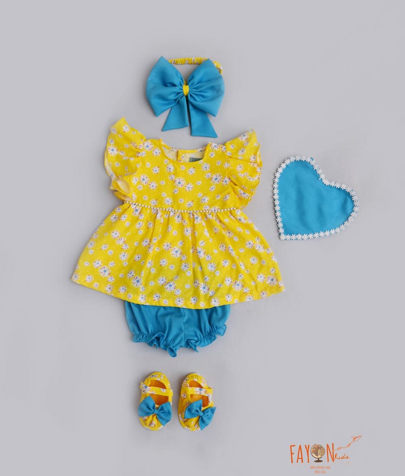 Yellow Printed Jamna Set with Blue bloomers for Girls
