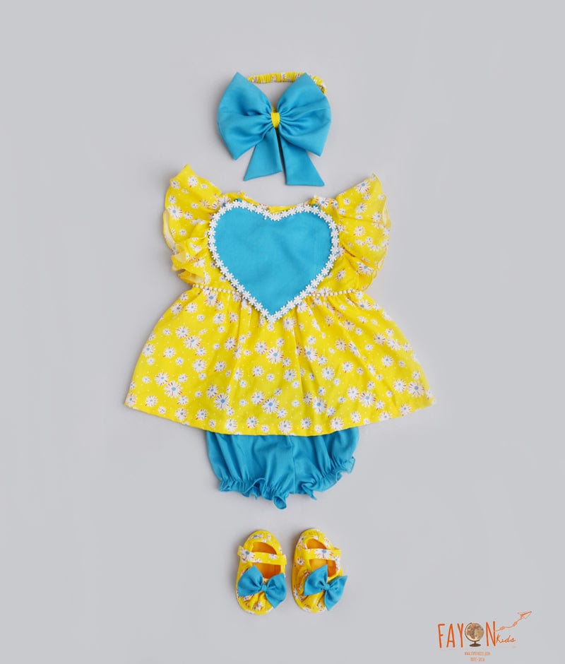 Yellow Printed Jamna Set with Blue bloomers for Girls