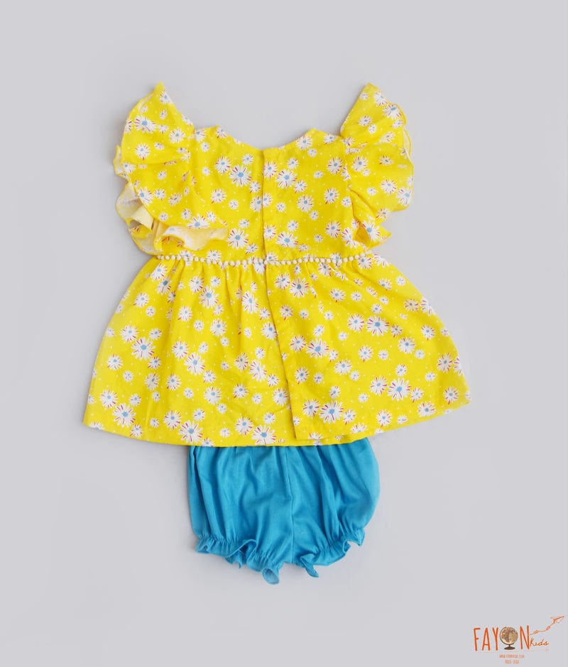 Yellow Printed Jamna Set with Blue bloomers for Girls