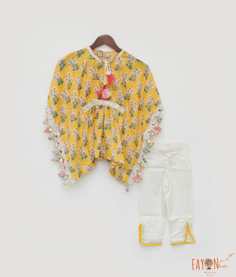 Yellow Printed Kaftan and Pant for Girls