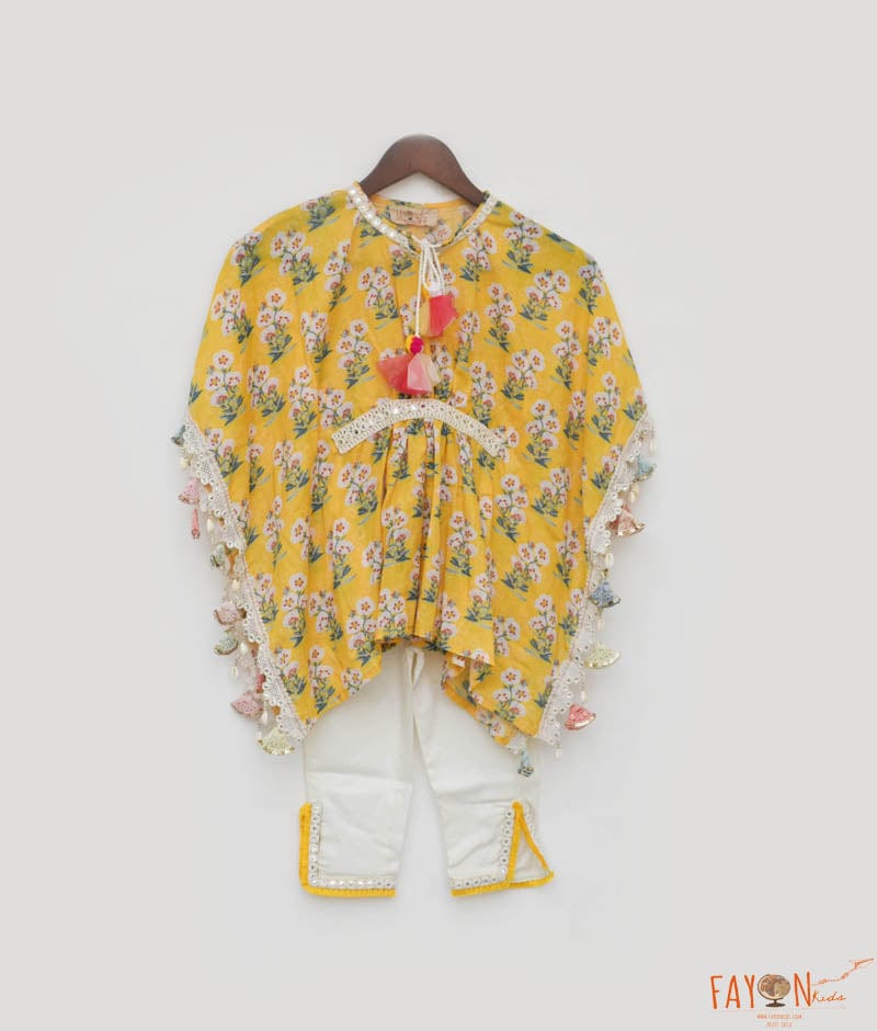 Yellow Printed Kaftan and Pant for Girls