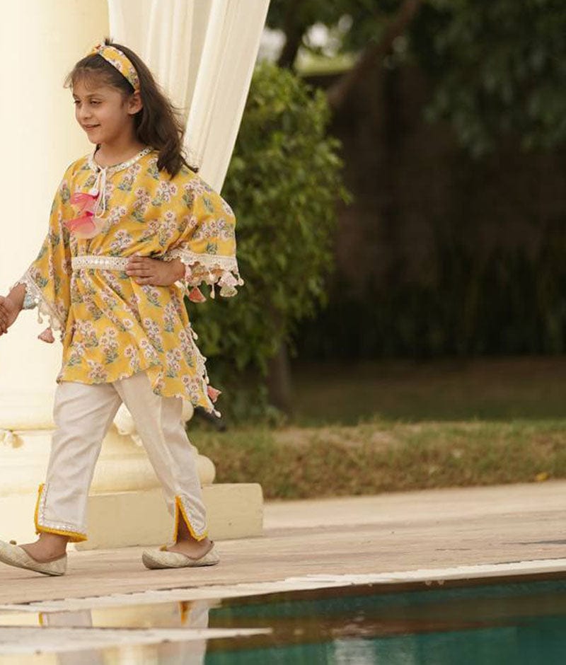 Yellow Printed Kaftan and Pant for Girls